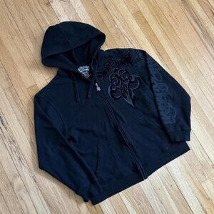 Black Graphic Zip-Up Hoodie with Hood